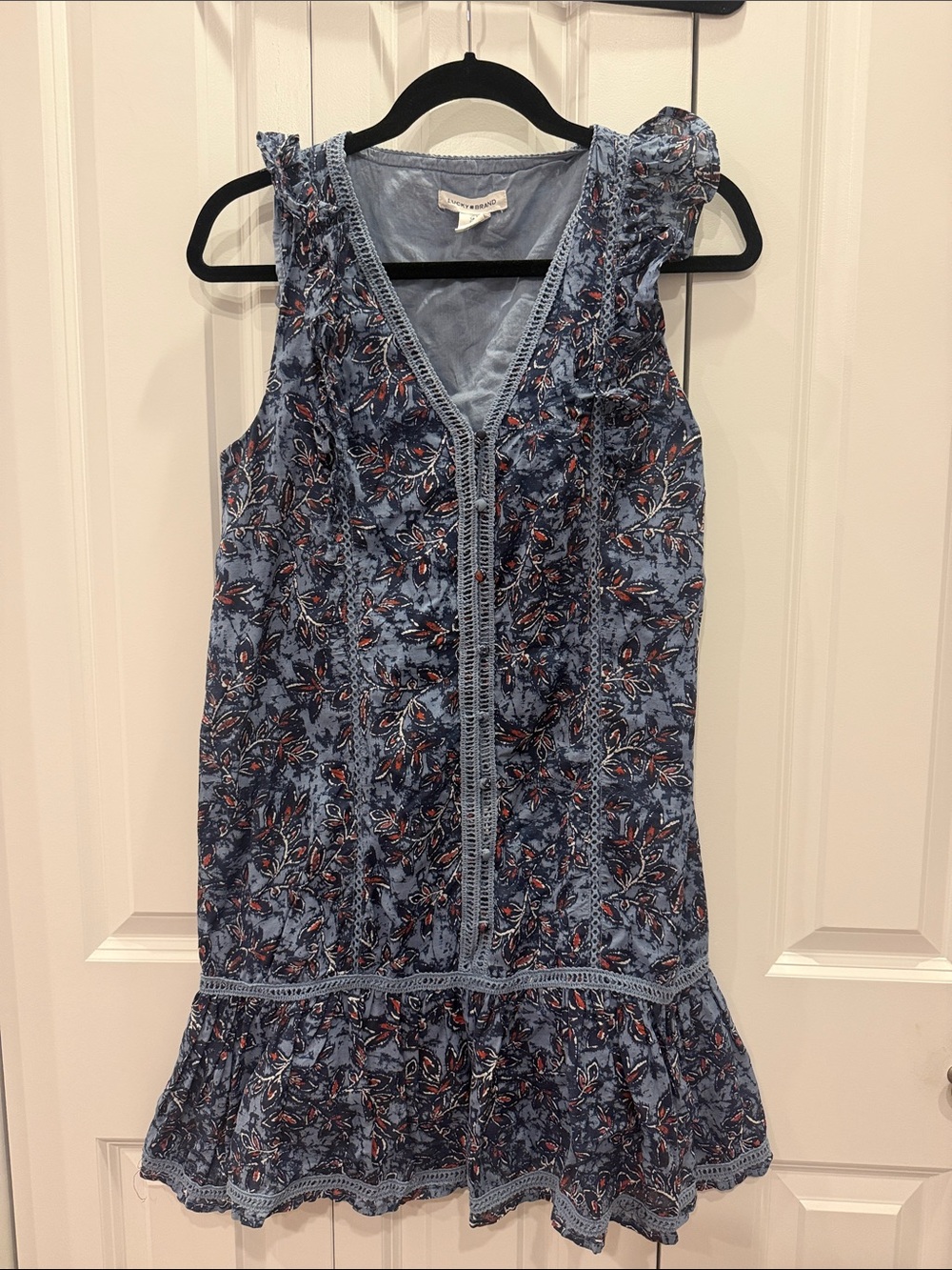 Lucky Brand Light Blue Floral V-Neck Ruffle Hem Mini Dress